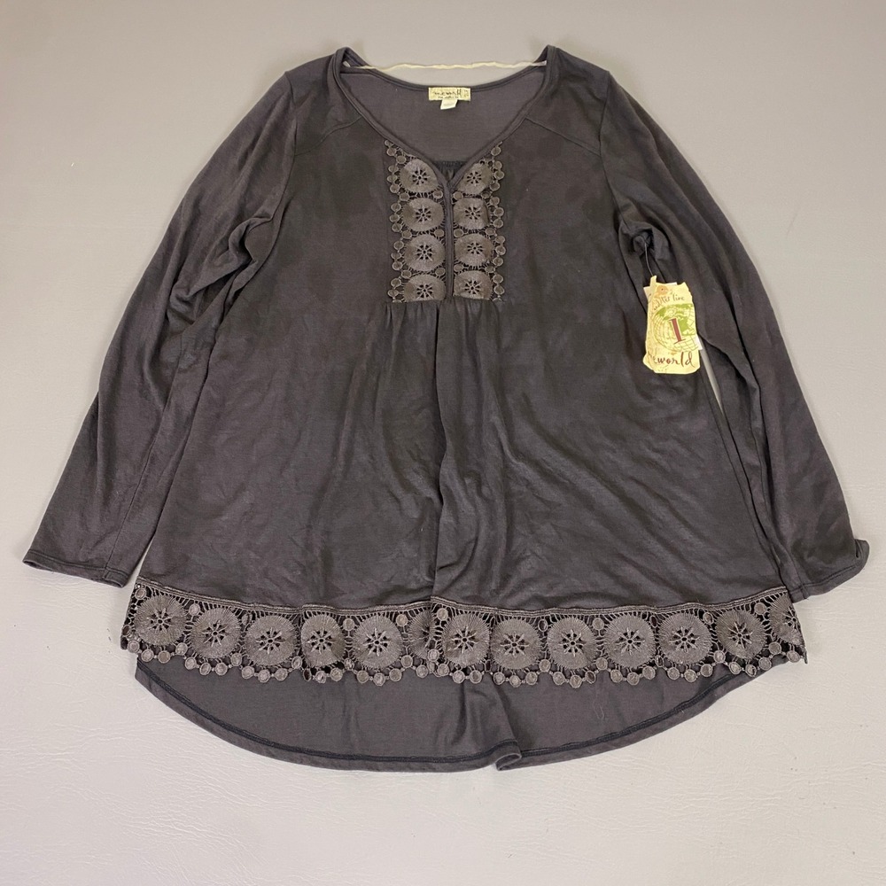 One World Tunic Top Plus Size 1X Charcoal Gray Crochet Lace Trim Long Sleeve NEW